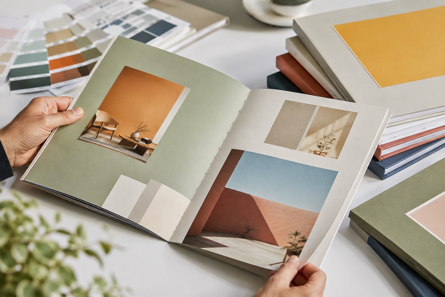 Handen beoordelen papier, binding en vormgeving van een professionele brochure