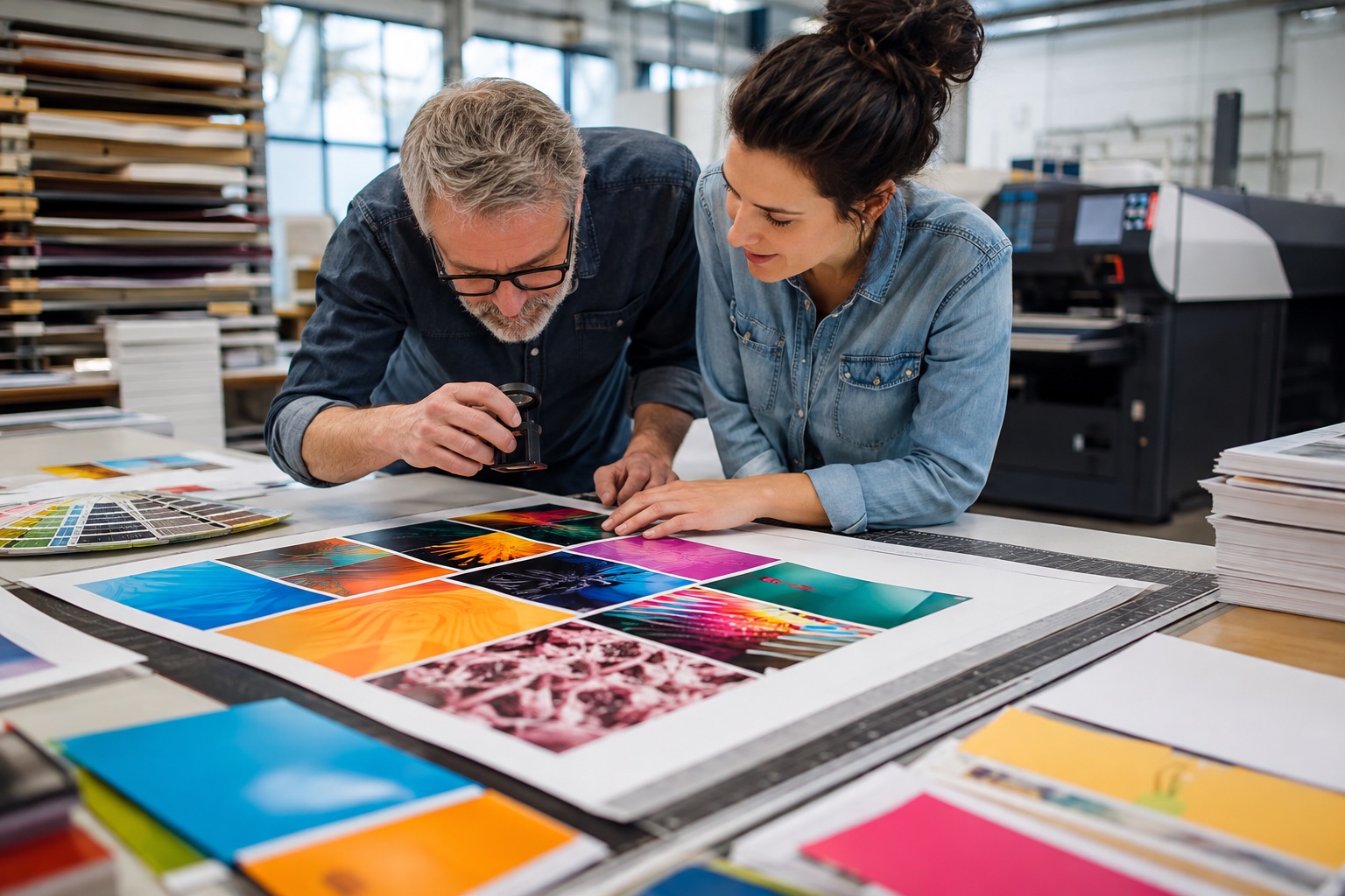 Printspecialisten controleren kleur, papier en afwerking van professioneel drukwerk