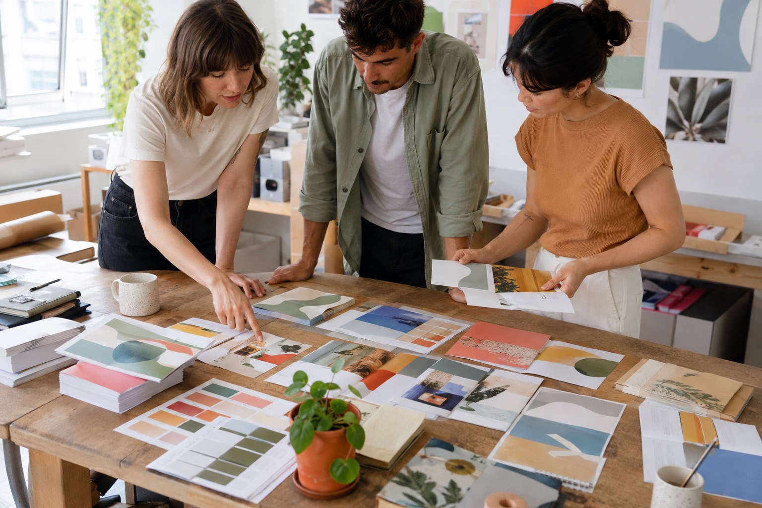 Creatief team bespreekt kleurrijke flyers en folders op een studiotafel