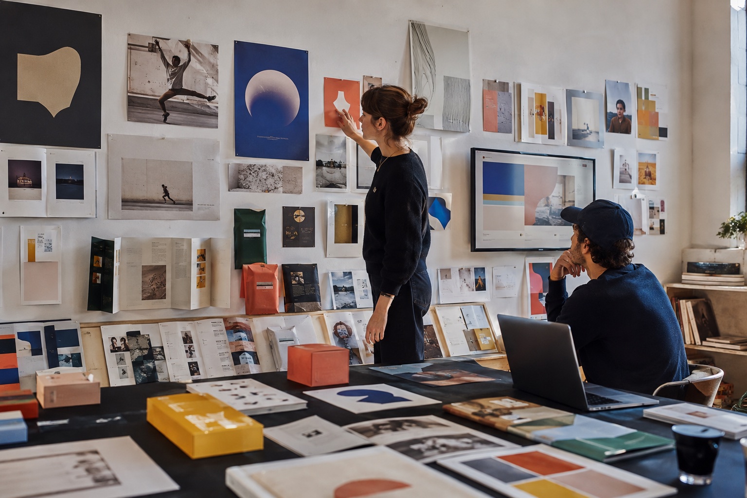 Designers selecteren webdesign-, branding- en drukwerkprojecten voor een portfolio