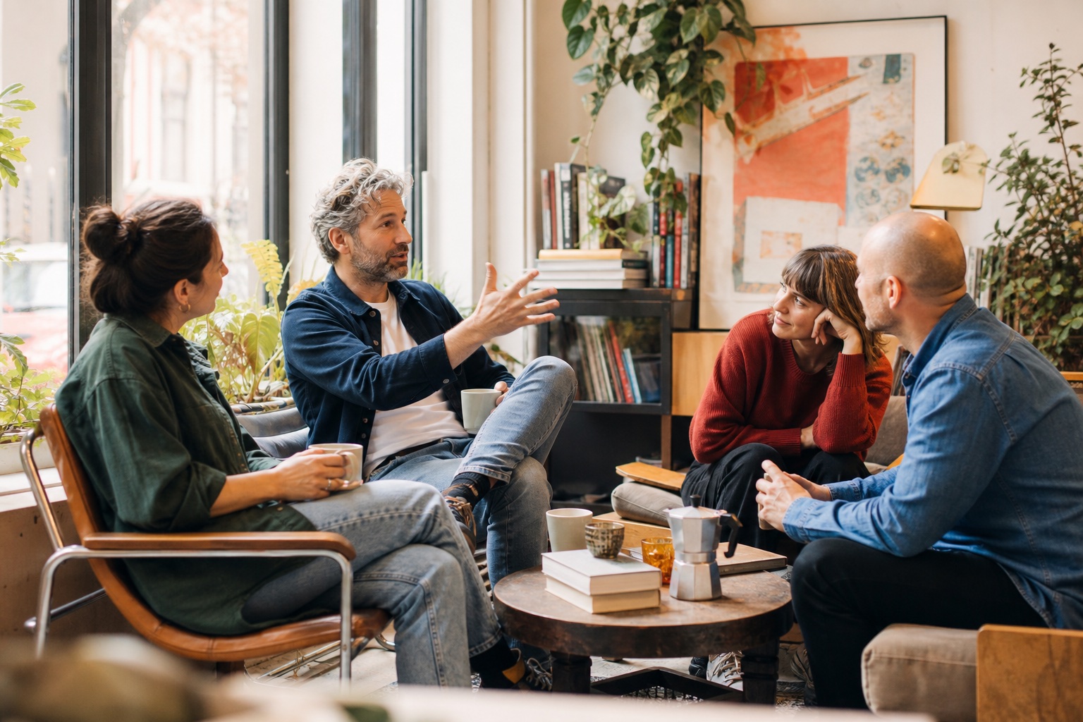 Creatief team bespreekt ideeën tijdens een informele studiosessie
