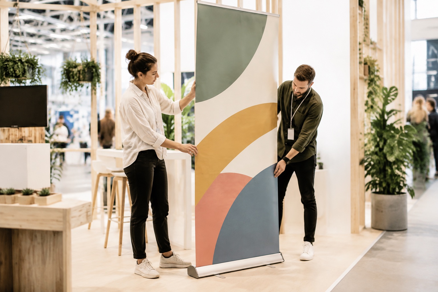 Professionals plaatsen een kleurrijke roll-up banner op een beursstand