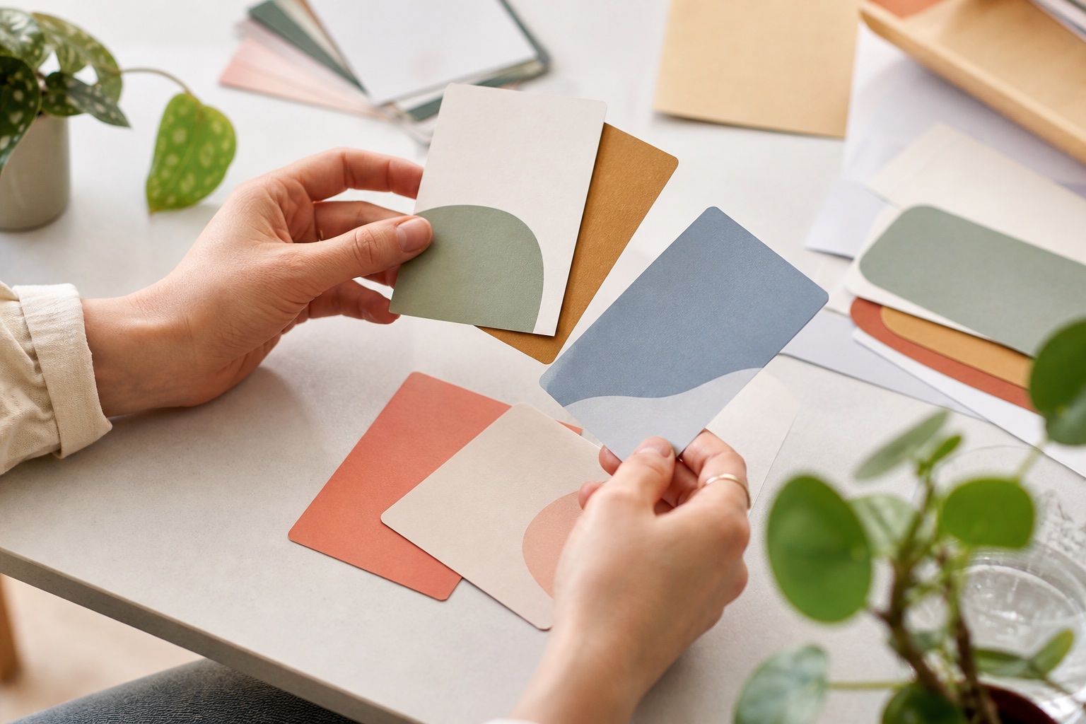 Designer vergelijkt papier, kleur en afwerking voor professionele visitekaartjes