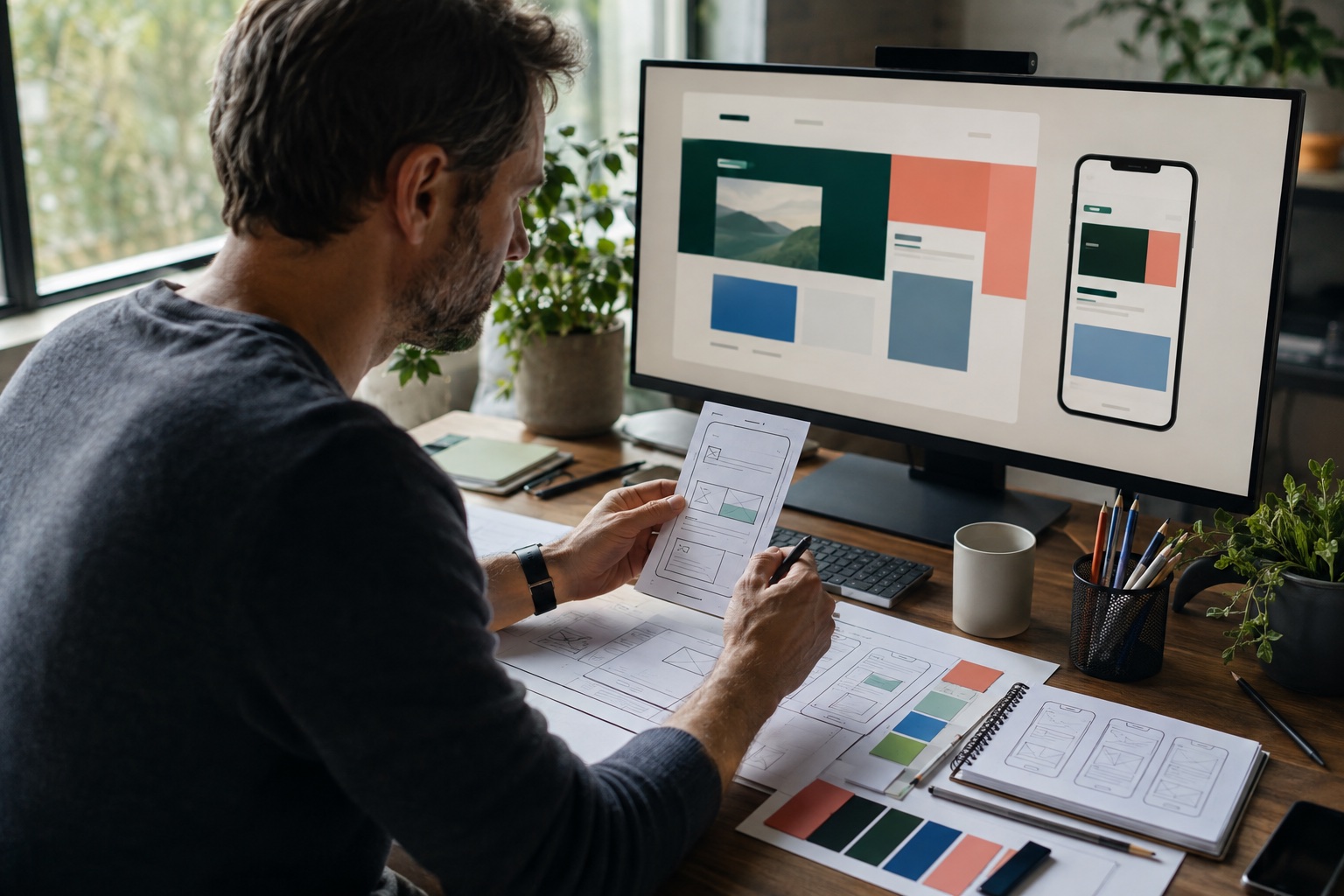 UX-designer vergelijkt een mobiele wireframe met een responsive websiteontwerp