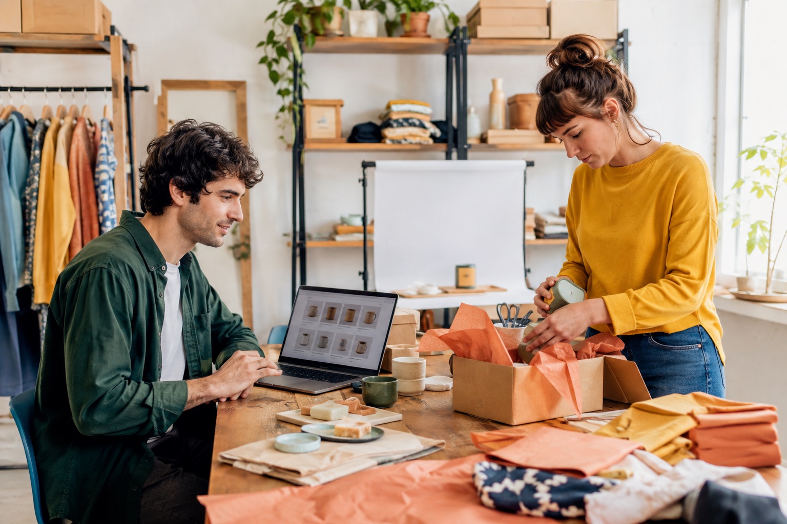 Ondernemers bereiden producten, verpakking en een WooCommerce-webshop voor